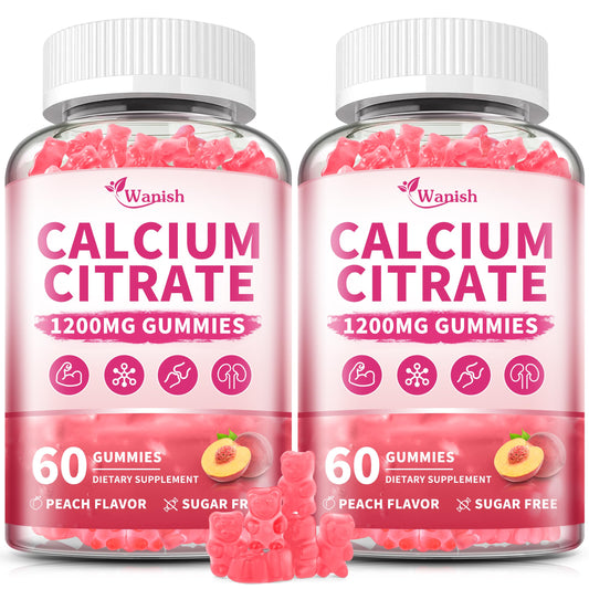 Wanish calcium citrate gummies bottle front, vegan peach flavor for daily calcium support