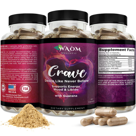 Waòm Wellness Crave bottle front showing maca-ashwagandha energy support.