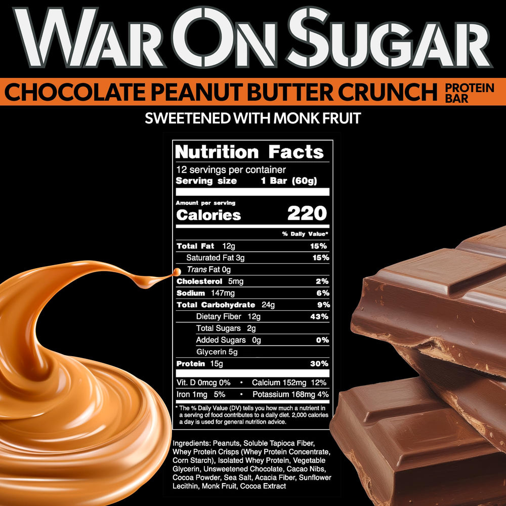 War on Sugar Chocolate Peanut Butter Crunch bar closeup shows rich chocolate and creamy peanut butter.