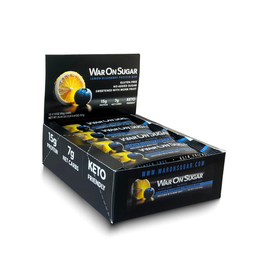 War on Sugar Lemon Blueberry bar packaging, easy keto-friendly snack.