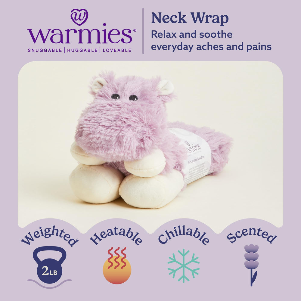 Warmies Hippo neck wrap heated in microwave for soothing warmth