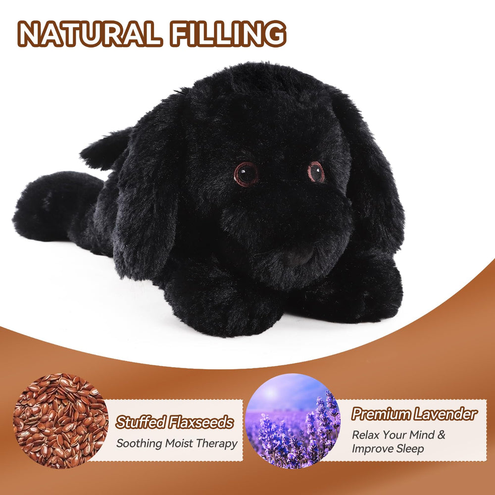 WarmPal Black Lab microwavable heating pad provides soothing warmth.
