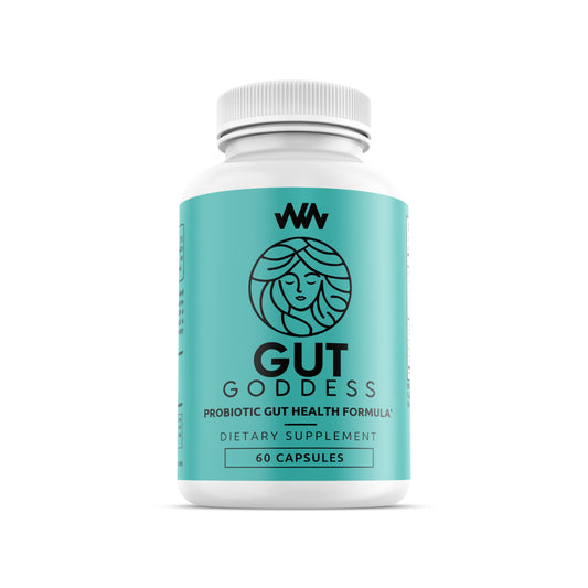 Warped Wellness Gut Goddess bottle with probiotic capsules for daily digestion support.