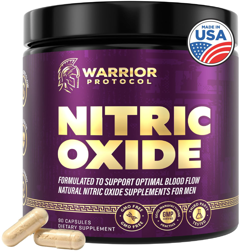 Warrior Protocol Nitric Oxide bottle shown for improved blood flow support.