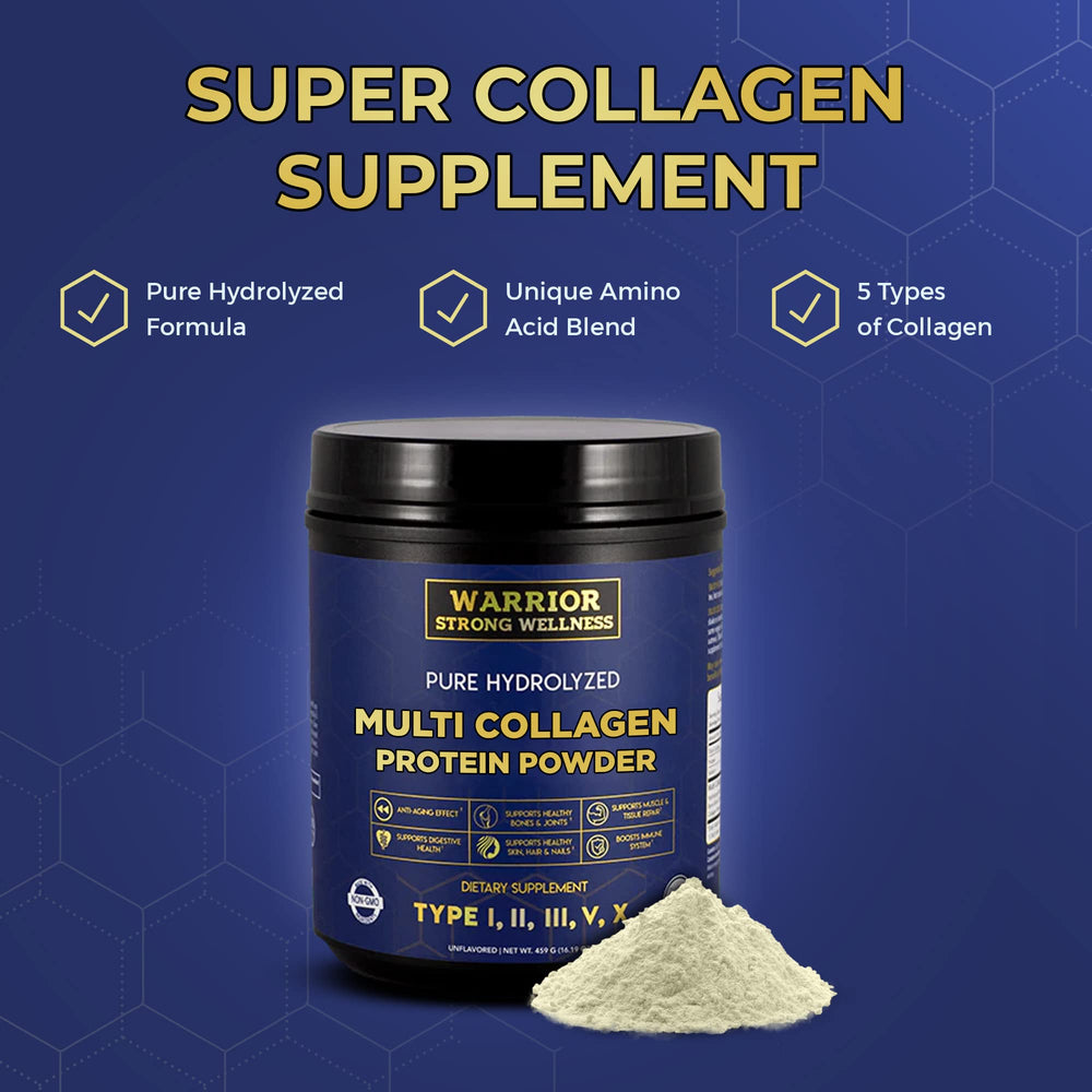 Warrior Strong Wellness collagen powder scoop beside measuring spoon.