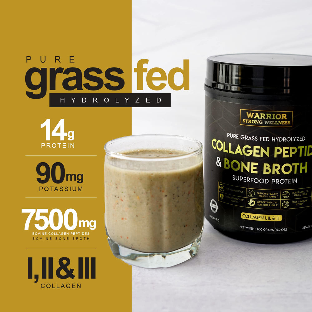 Warrior Strong Wellness label close-up highlighting grass-fed ingredients