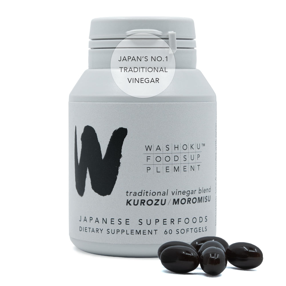Washoku Food Supplement bottle with Kurozu softgels for daily energy support.