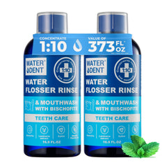 Water DENT concentrate rinse bottle front with mint labeling, ready to use.