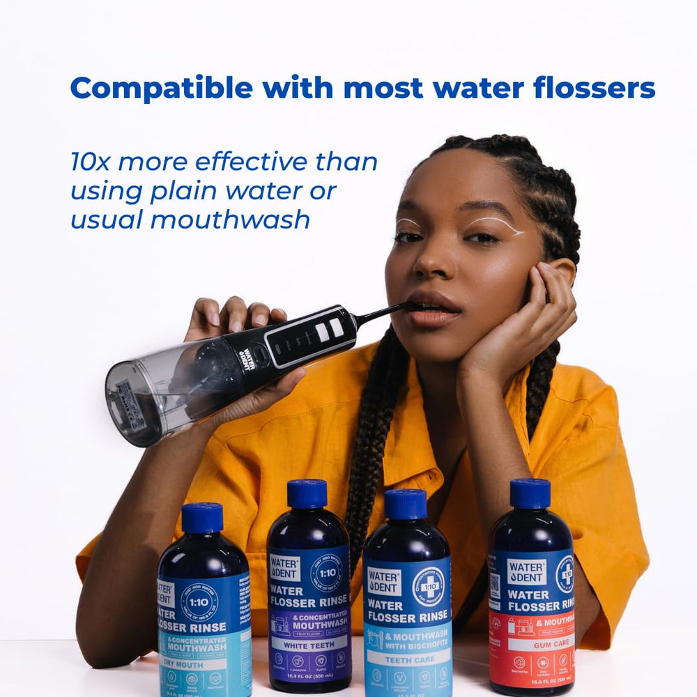 Water DENT rinse beside flossers during a routine oral care.