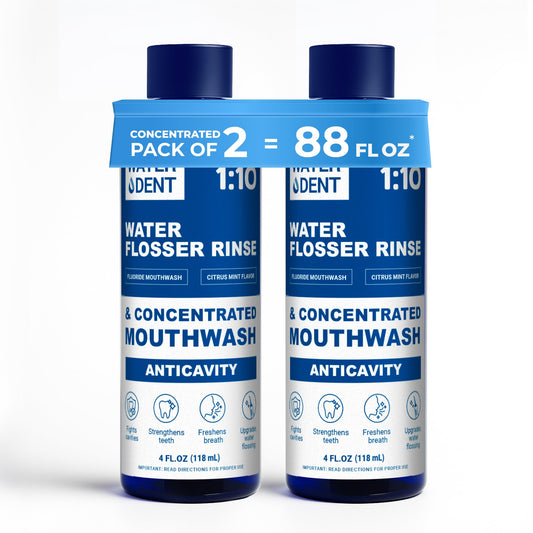 Water Dent fluoride mouthwash bottle closeup for citrus mint flavor and fresh breath