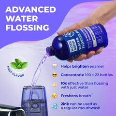 Water Dent rinse pairs with a water flosser to clean interdental spaces.