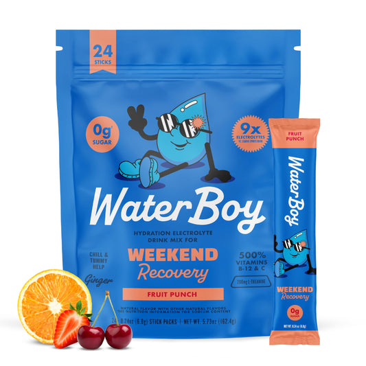 Waterboy Weekend Recovery box with electrolyte stick packs for easy hydration