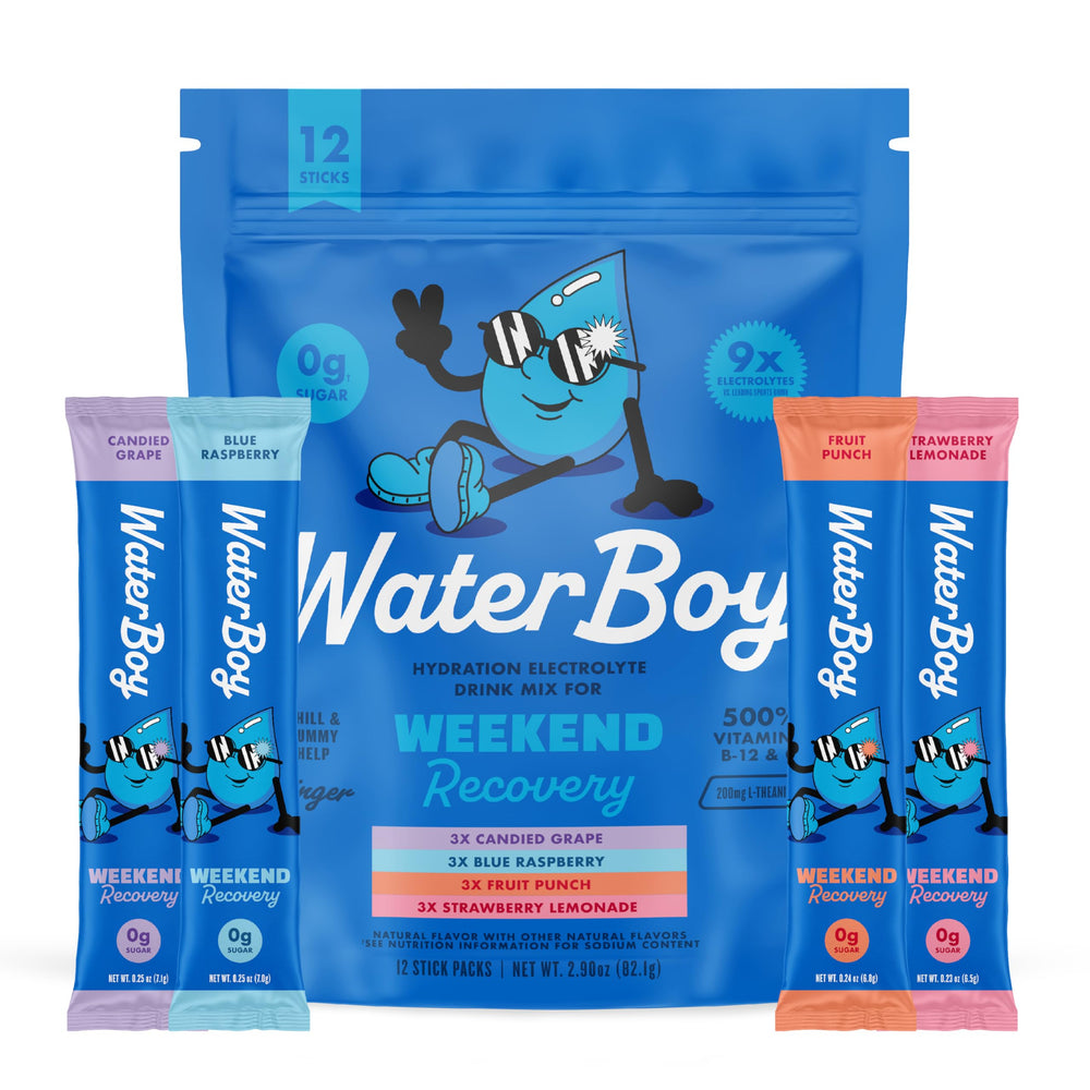 Waterboy weekend recovery sample pack with 12 sticks for on-the-go hydration after workouts.