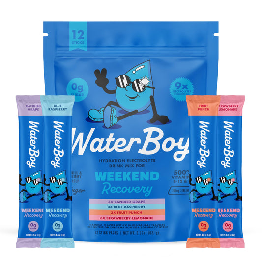 Waterboy weekend recovery sample pack with 12 sticks for on-the-go hydration after workouts.