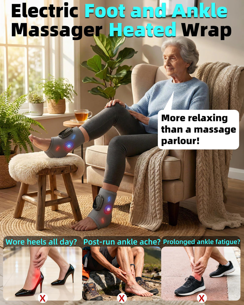 WBHLDM wearable foot massager secured on the ankle for comfortable recovery.