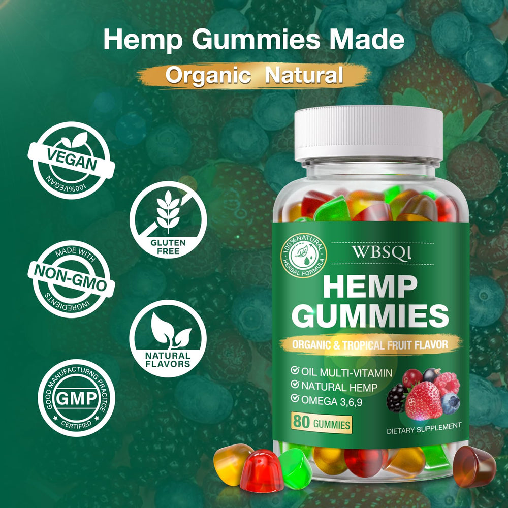 WBSQL hemp gummies packaging on wood tabletop, natural ingredients emphasis