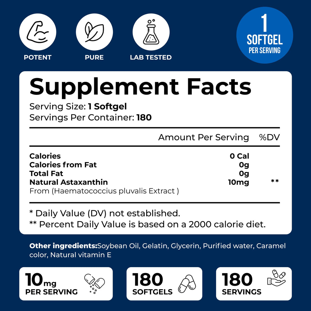 We Like Vitamins Astaxanthin softgel closeup highlighting 10 mg potency