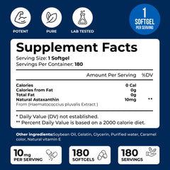 We Like Vitamins Astaxanthin softgel closeup highlighting 10 mg potency
