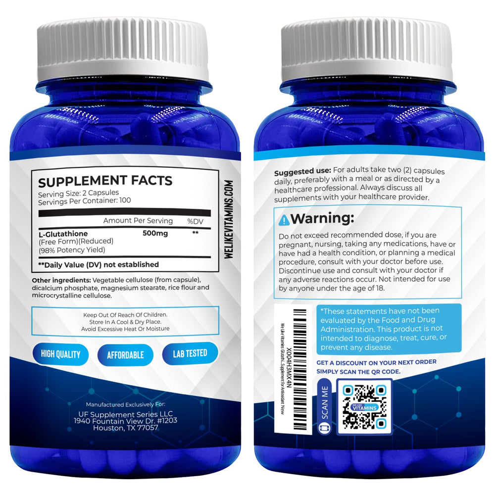 We Like Vitamins glutathione bottle with clear cap and easy-open design.