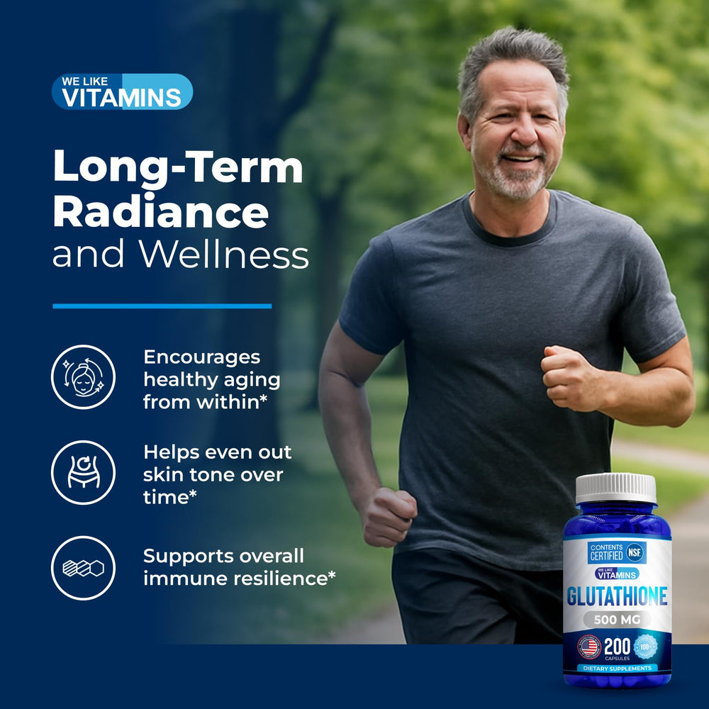 Group of We Like Vitamins glutathione capsules hints at a long 100-day supply.