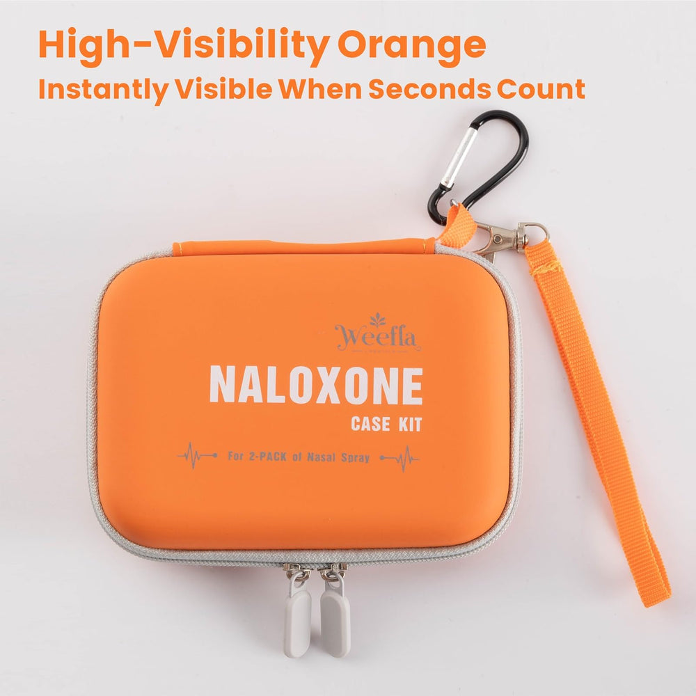 weefla naloxone carry case carabiner clip attached to backpack for outdoor use