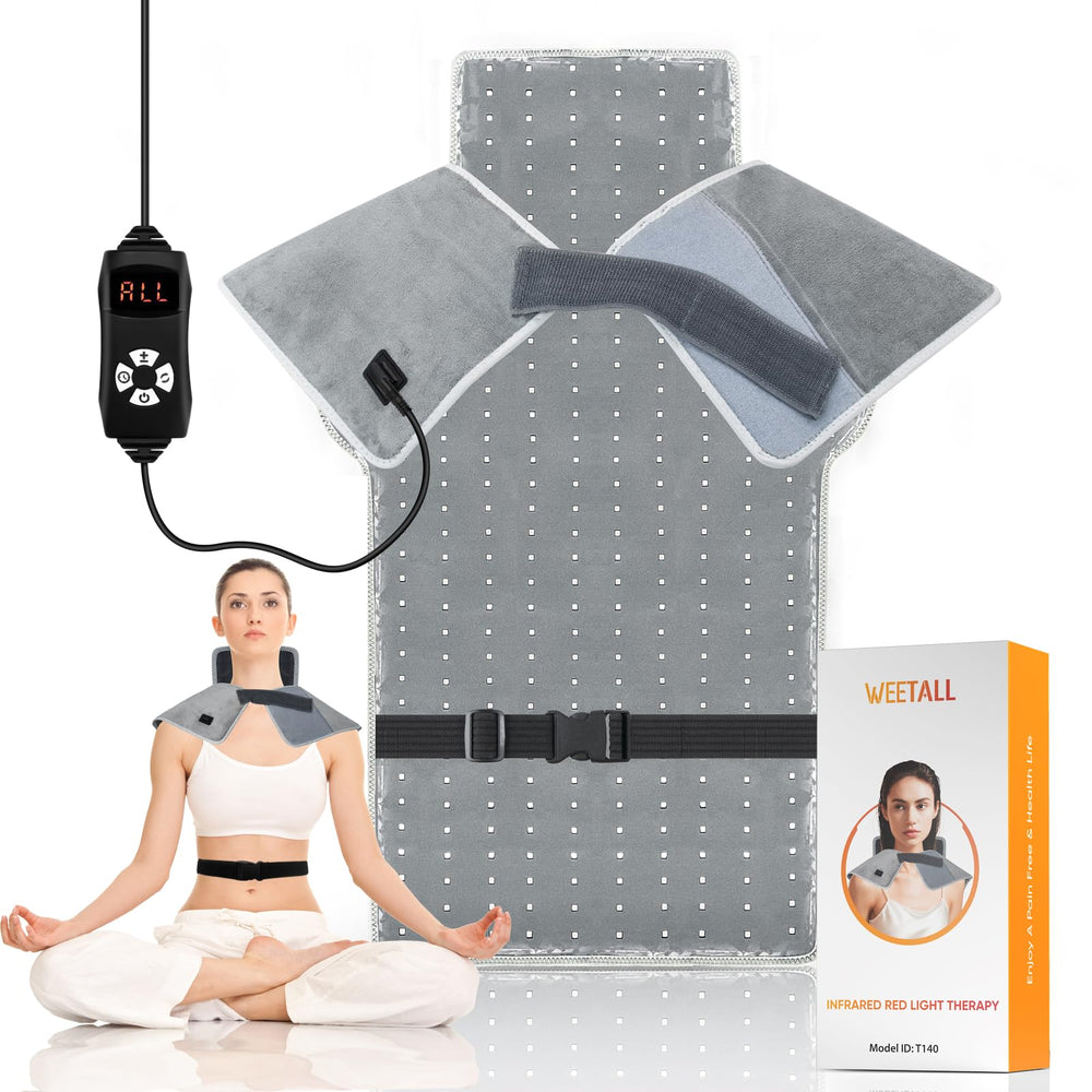 WEETALL red light therapy back strap in use for targeted back and shoulder relief.