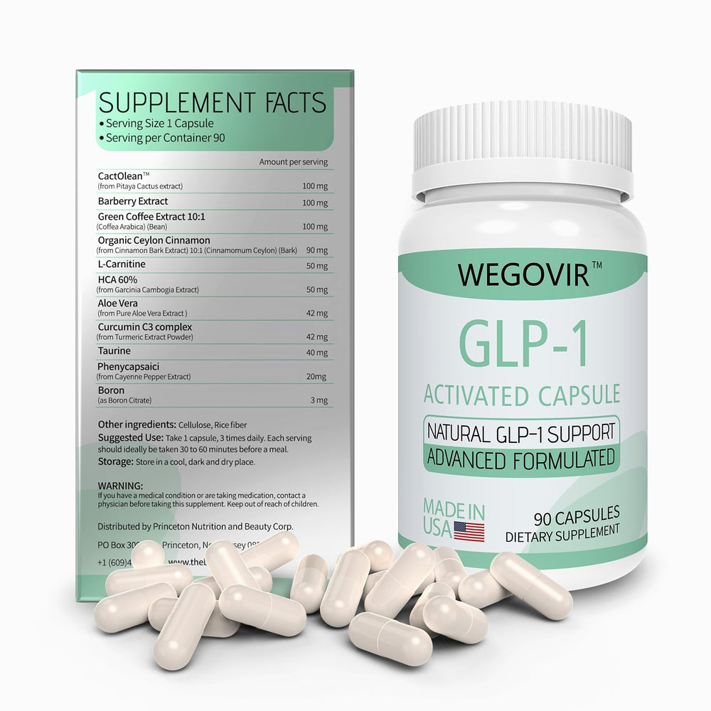 Wegovir GLP-1 Activator bottle with water and healthy snack.