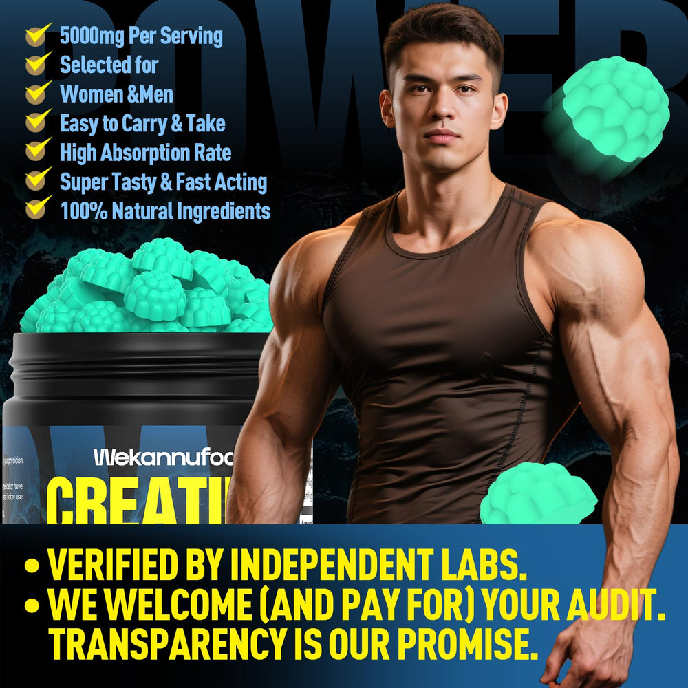 Wekannufod Creatine Monohydrate Gummies close-up highlights chewy texture and fruity flavor.