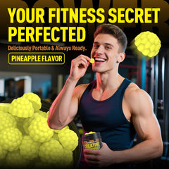 Gummies placed near gym gear to suggest athlete-friendly use.