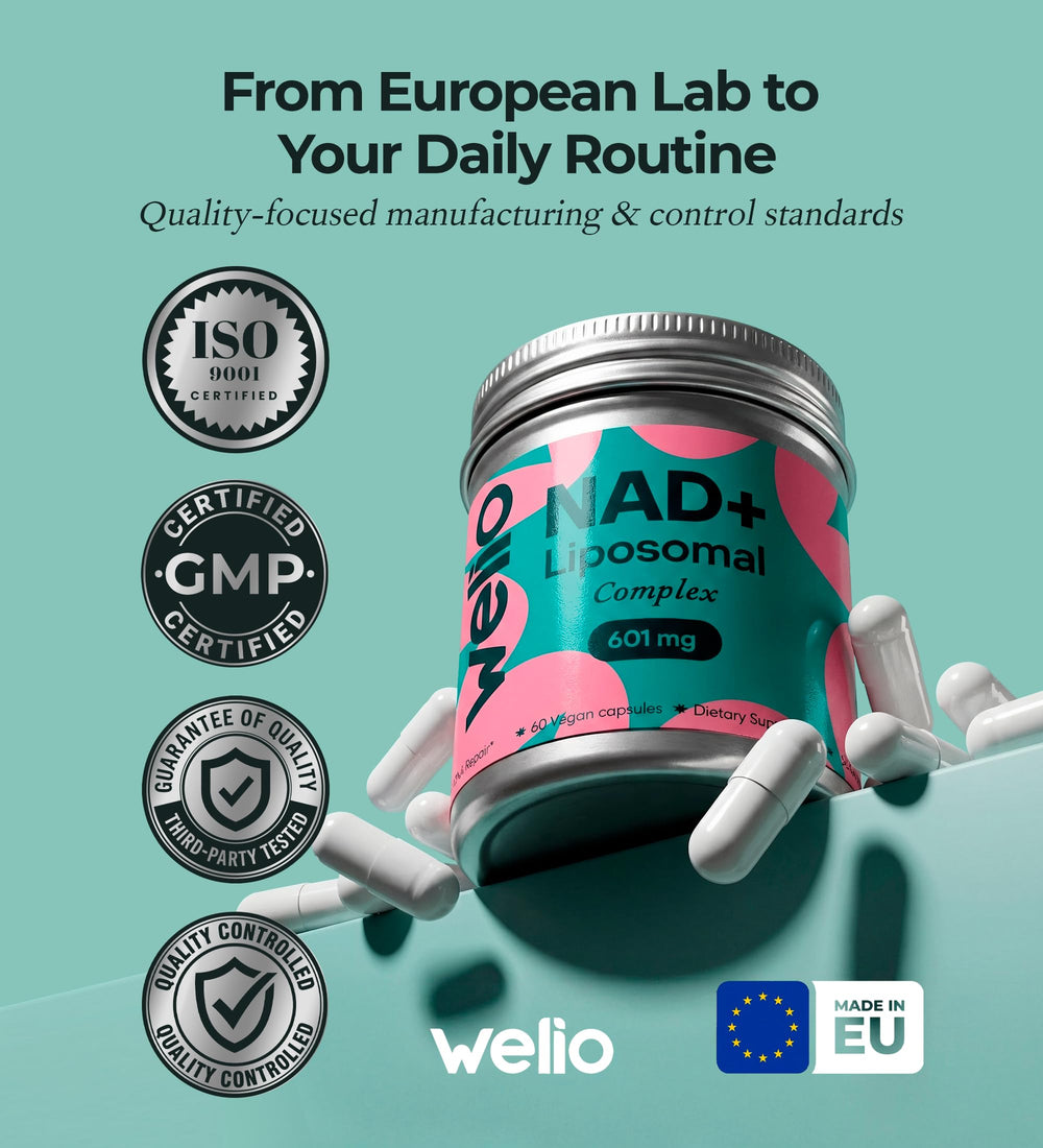 Welio Liposomal NAD+ 601mg GMP seal signaling quality.