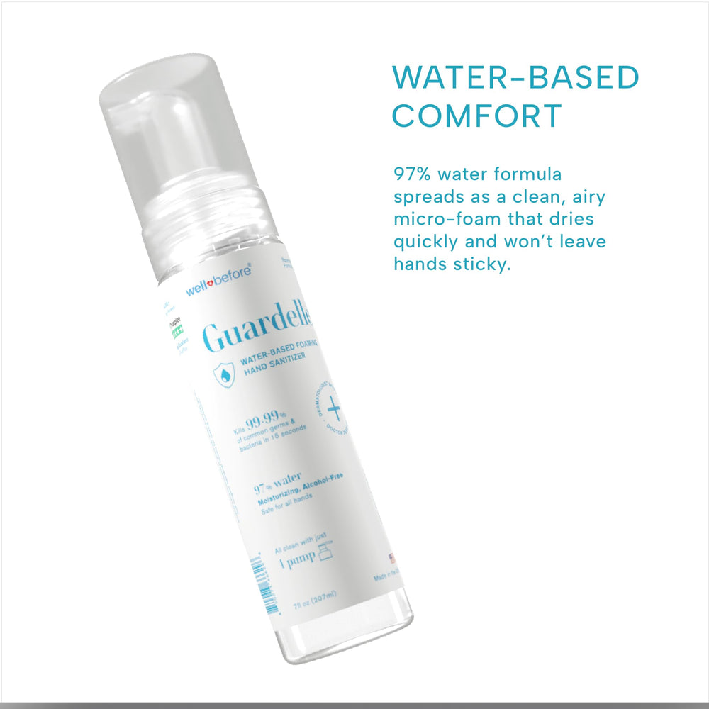 Well Before Guardelle dense-coverage foam for thorough hand sanitization.
