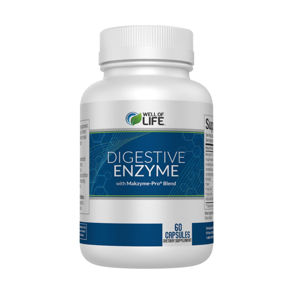 Well of Life Digestive Enzyme bottle front showing 60 capsules for daily digestion.