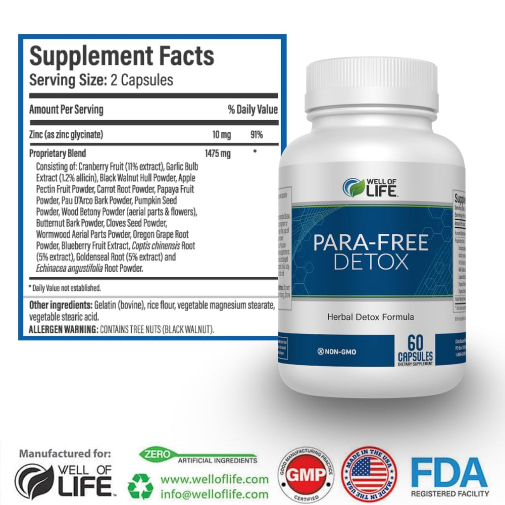 Well of Life Para-Free Detox ingredients blend featuring black walnut and garlic.