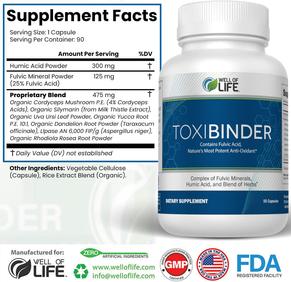 Well of Life ToxiBinder bottle pour into glass suggesting hydration routine.