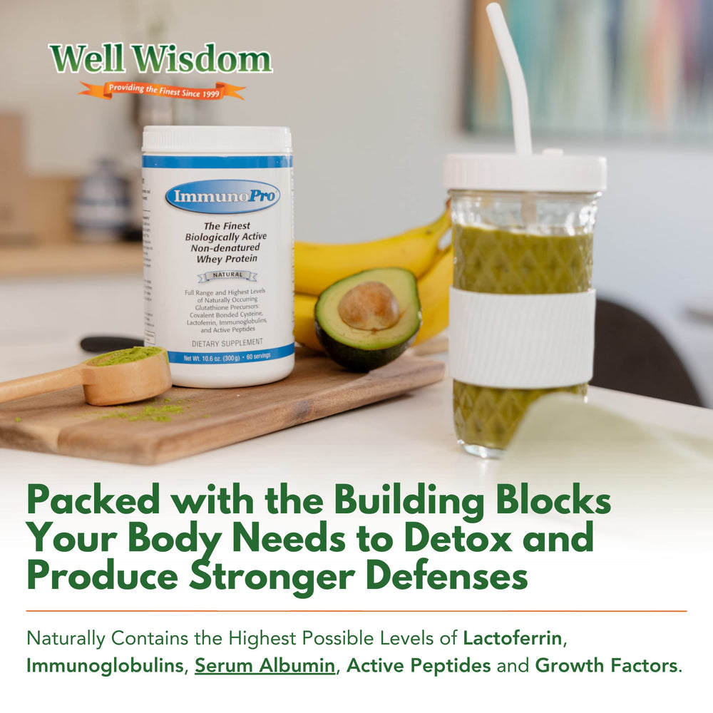 Well Wisdom ImmunoPro bottle pouring powder into a shaker for smoothies.