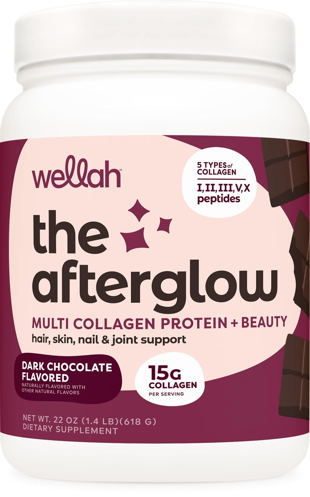 Wellah Afterglow bottle front shows five-collagen blend for daily beauty support.