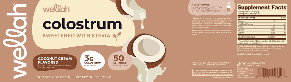 Wellah Colostrum Coconut Cream package display suggesting full container and servings.
