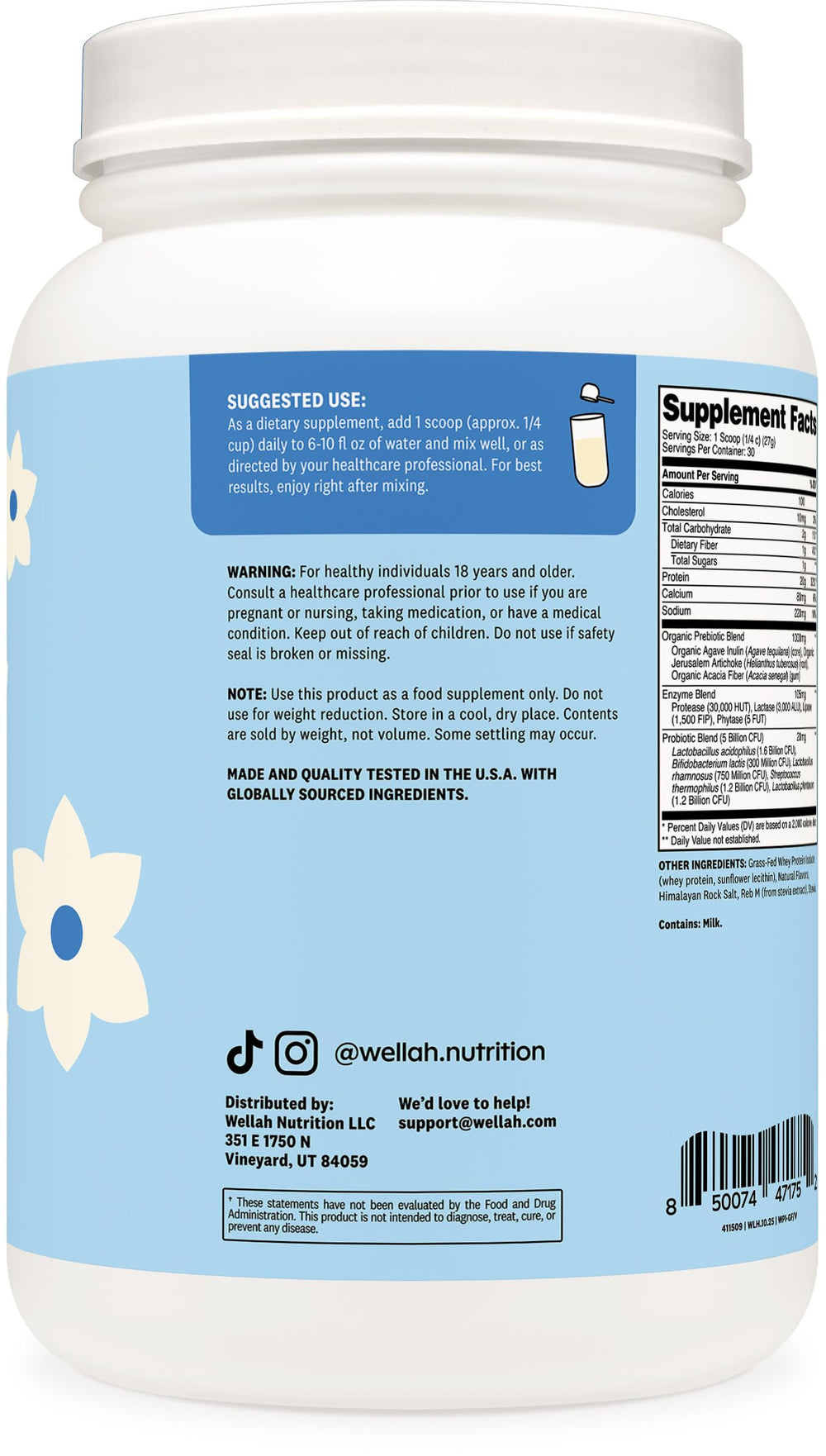 Wellah prebiotics and probiotics supplement bottle highlighting digestive support