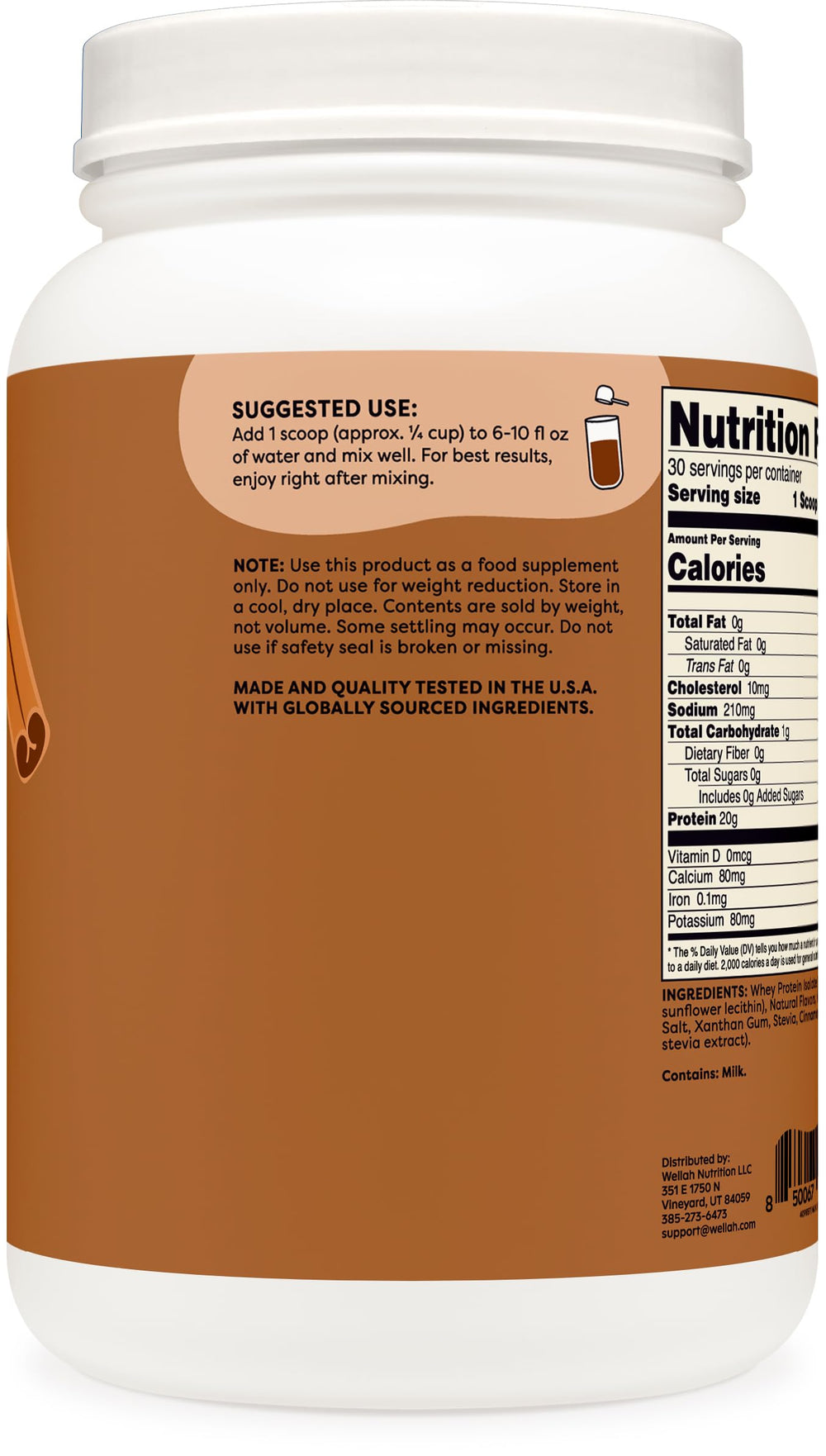 Wellah Protein Your Whey chai label close-up shows flavor and nutrition details.