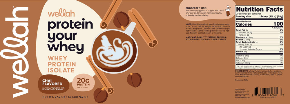 Wellah Protein Your Whey chai packaging showcases flavor variety and quality.