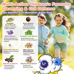 Ingredients like pumpkin seeds and cloves shown for kid-friendly gut support.