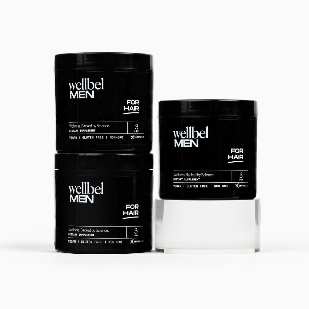 WELLBEL Men Clean bottle front showing vegan daily formula for hair health