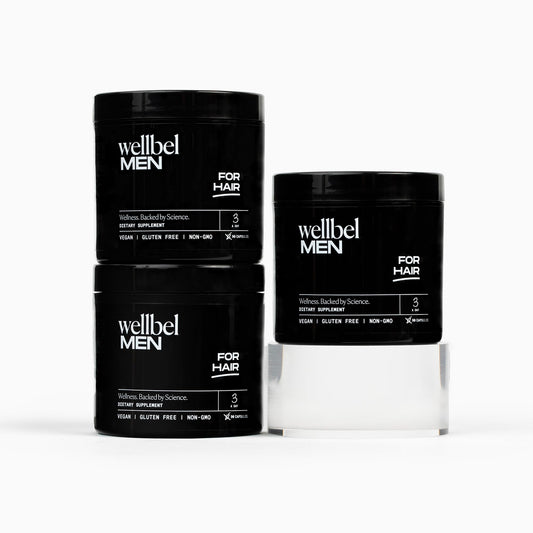 WELLBEL Men Clean bottle front showing vegan daily formula for hair health