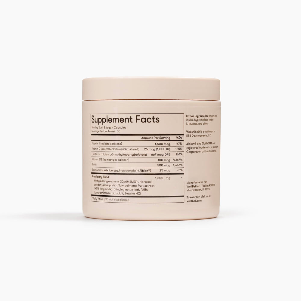 WELLBEL Women ingredient list close-up highlighting vegan, gluten-free formulation.