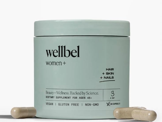 WELLBEL Women+ bottle with capsules ready for daily hair, skin, and nails support.