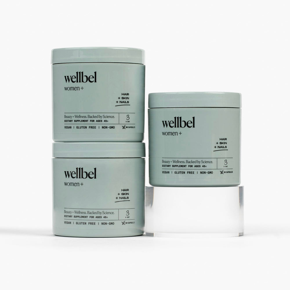 Wellbel Women+ bottle front view showing vegan supplement for hair, skin, and nails.
