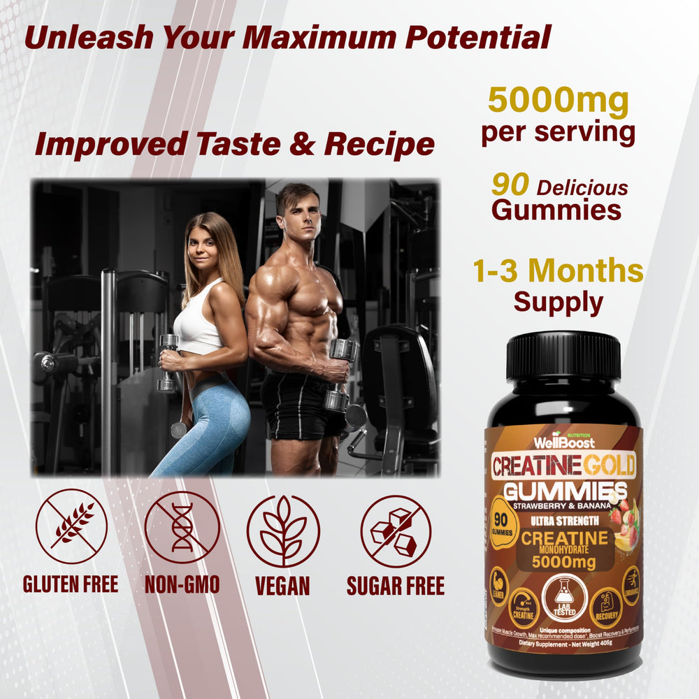 WellBoost Creatine Gold label shows vegan and sugar-free attributes.