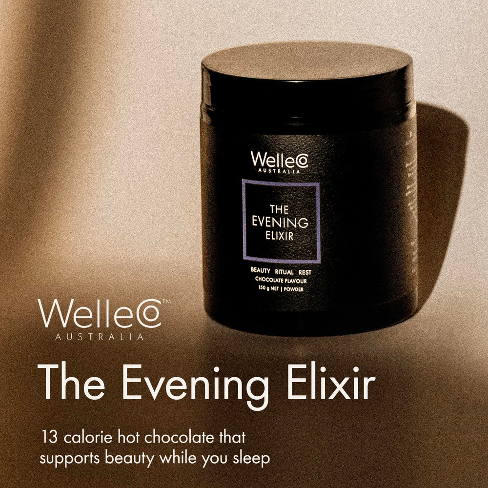 Wellco Evening Elixir scoop beside mug signaling easy nightly ritual.