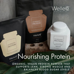 WelleCo chocolate powder next to plant-based milk for smoothies