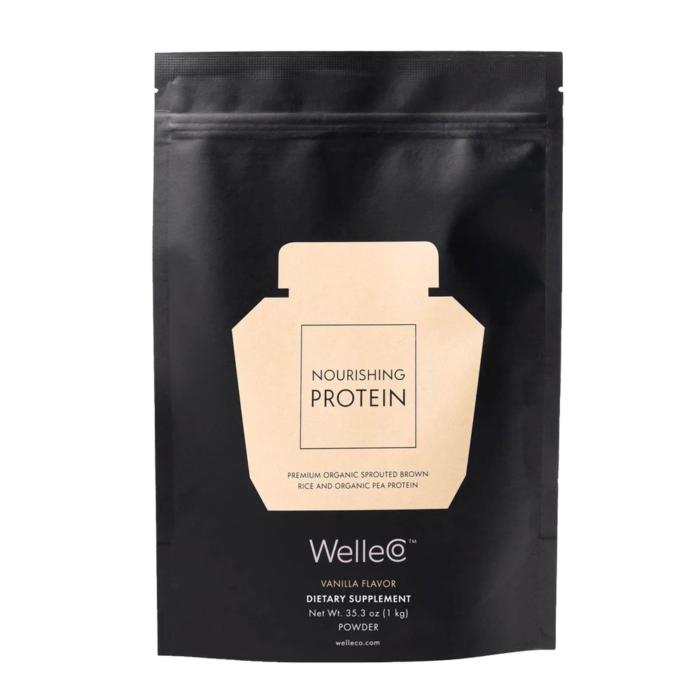 WelleCo Nourishing Protein vanilla bottle ready for a vegan shake